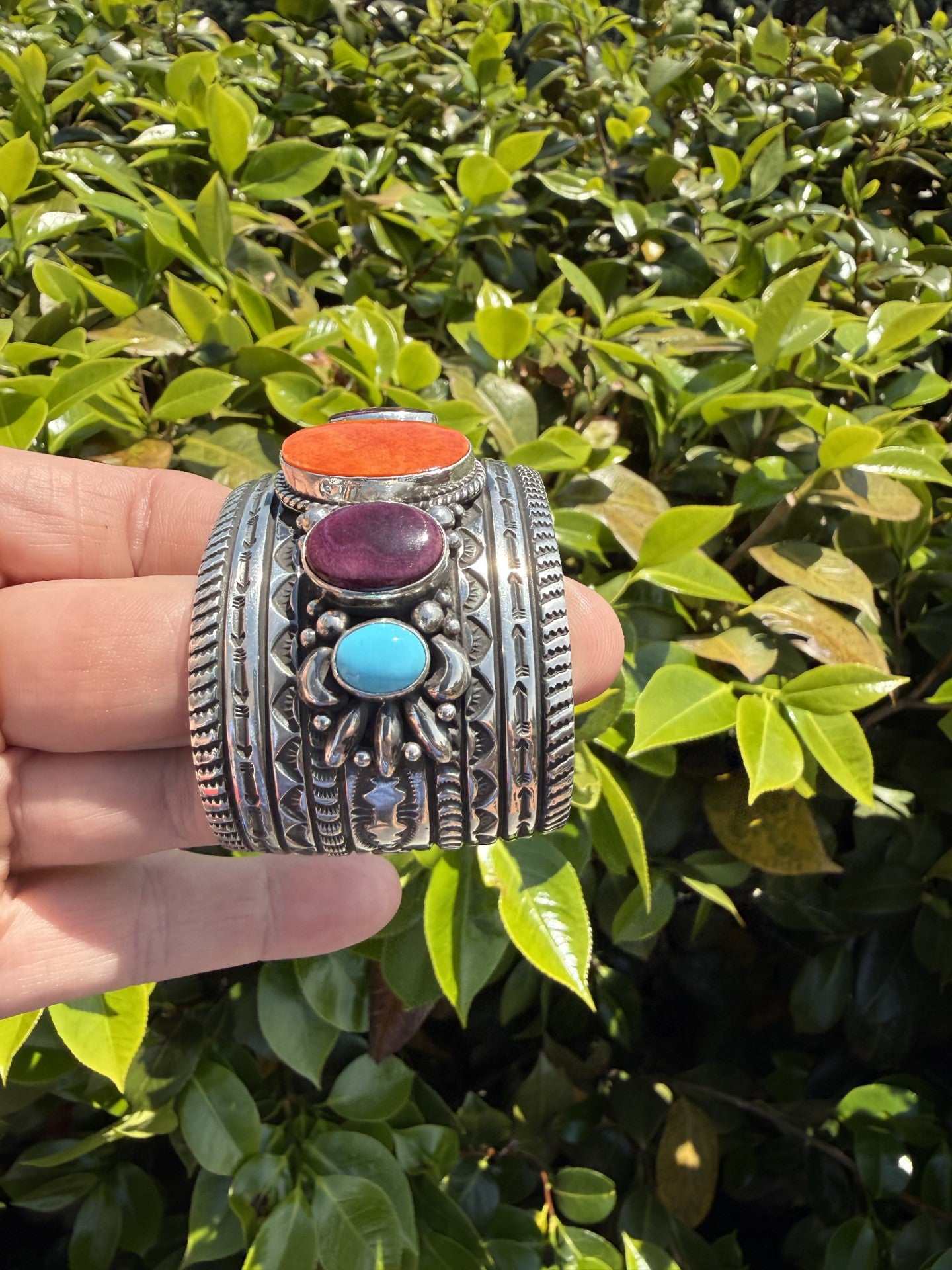 Native American Spiny and Turquoise sterling silver cuff bracelet by Happy Piasso with bright orange and purple spiny and Sleeping Beauty turquoise