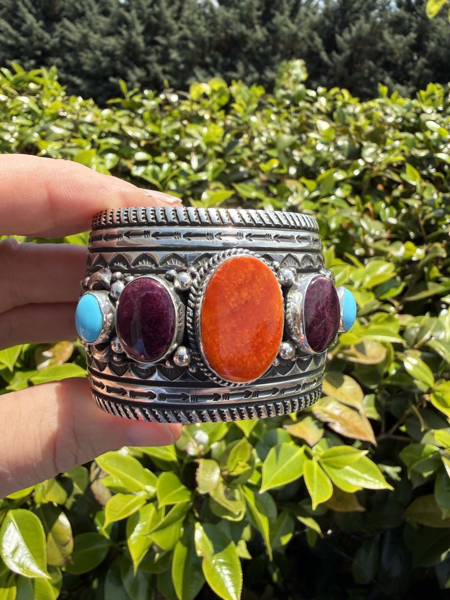 Native American Spiny and Turquoise sterling silver cuff with orange and purple stones by Happy Piasso
