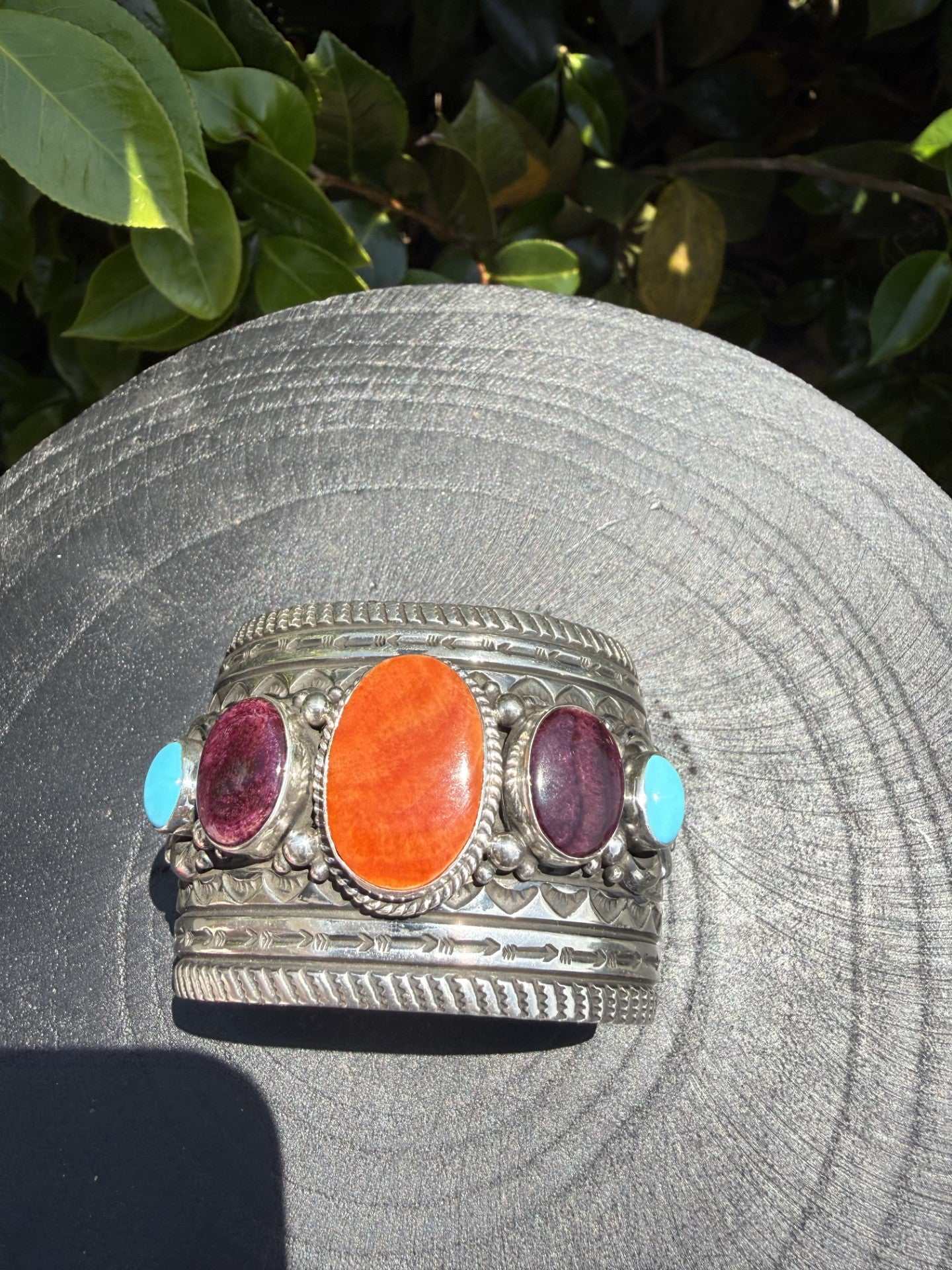 Native American Spiny and Turquoise sterling silver cuff bracelet with bright orange, deep purple spiny and Sleeping Beauty turquoise