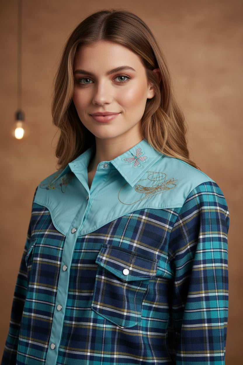 Howdy Hanny long sleeve embroidered flannel shirt with pearl snaps