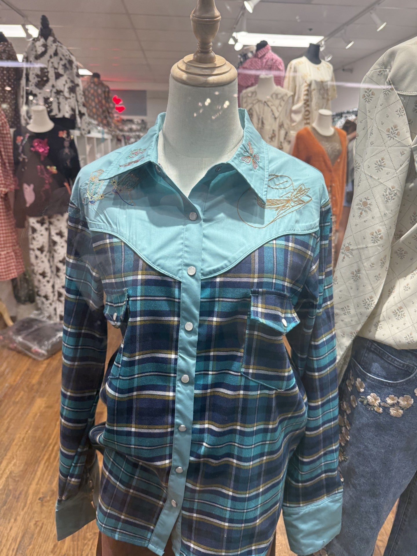 Howdy Hanny long sleeve embroidered flannel shirt with pearl snaps