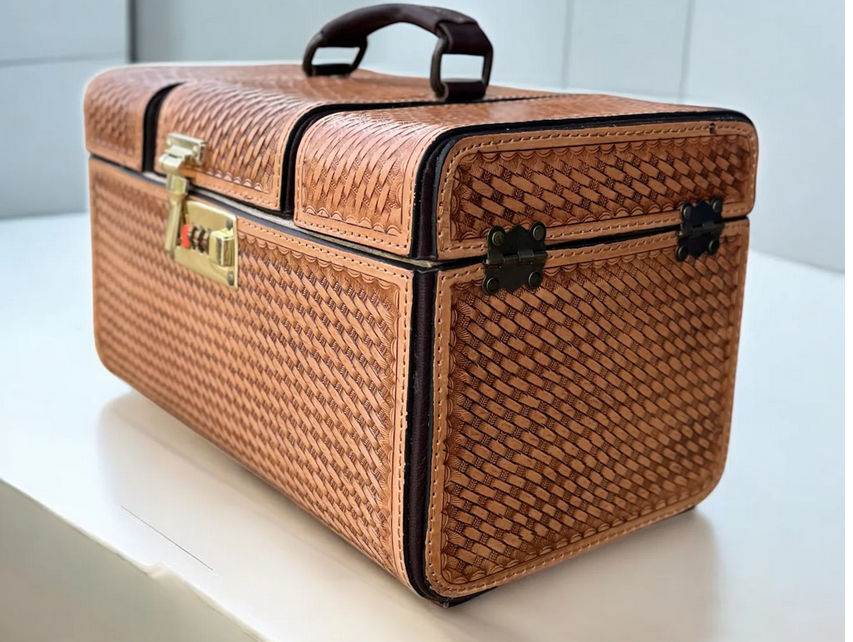 Basketweave tooled leather jewelry box with passcode lock, 12x8x8 inches.