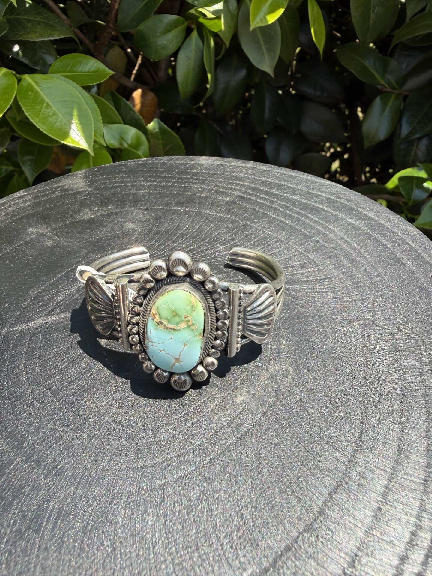 Royston Turquoise Sterling Silver Cuff by Navajo silversmith Leon Martinez with sky blue and green stone