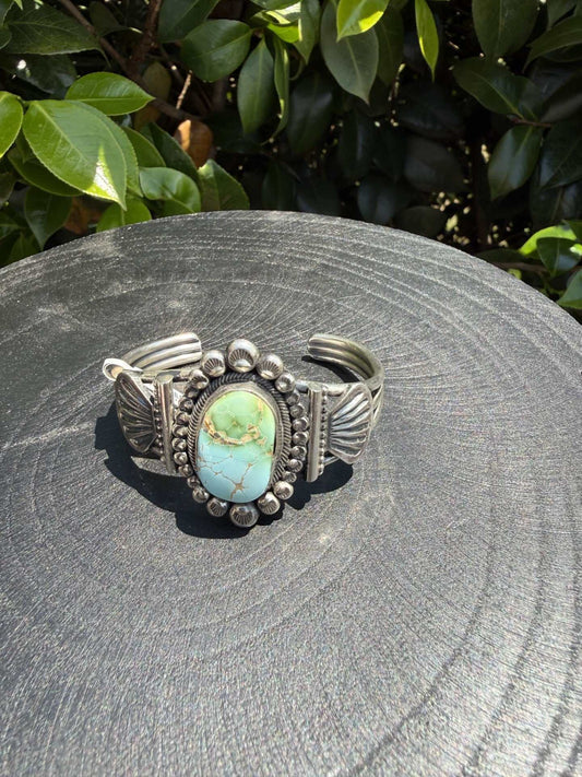 Royston Turquoise Sterling Silver Cuff by Navajo silversmith Leon Martinez with sky blue and green stone