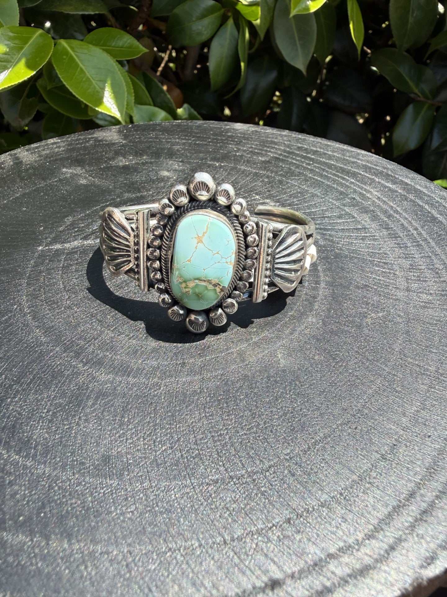 Royston Turquoise Sterling Silver Cuff by Navajo silversmith Leon Martinez with sky blue and green stone