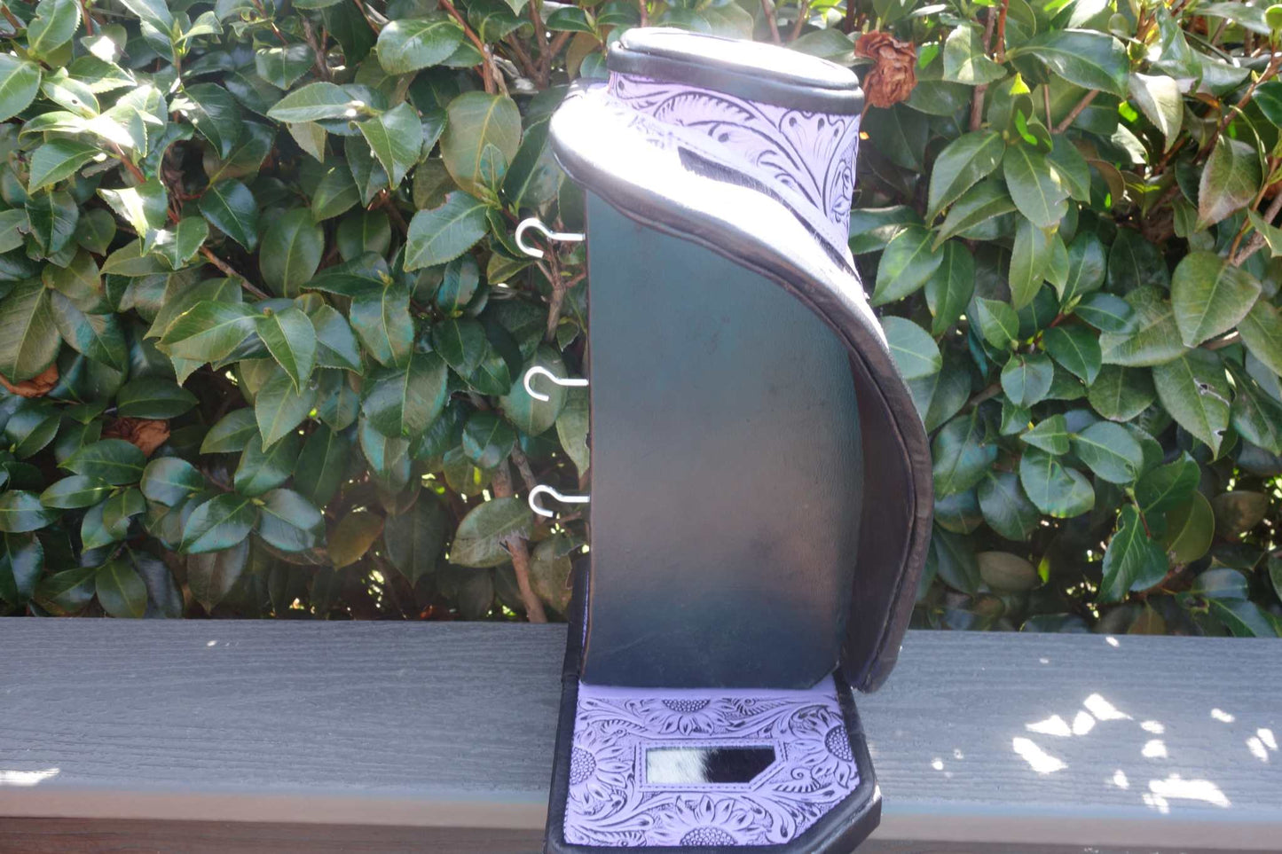 Medium Purple Tooled Leather Necklace Display with Black and White Cowhide for Jewelry Showcase