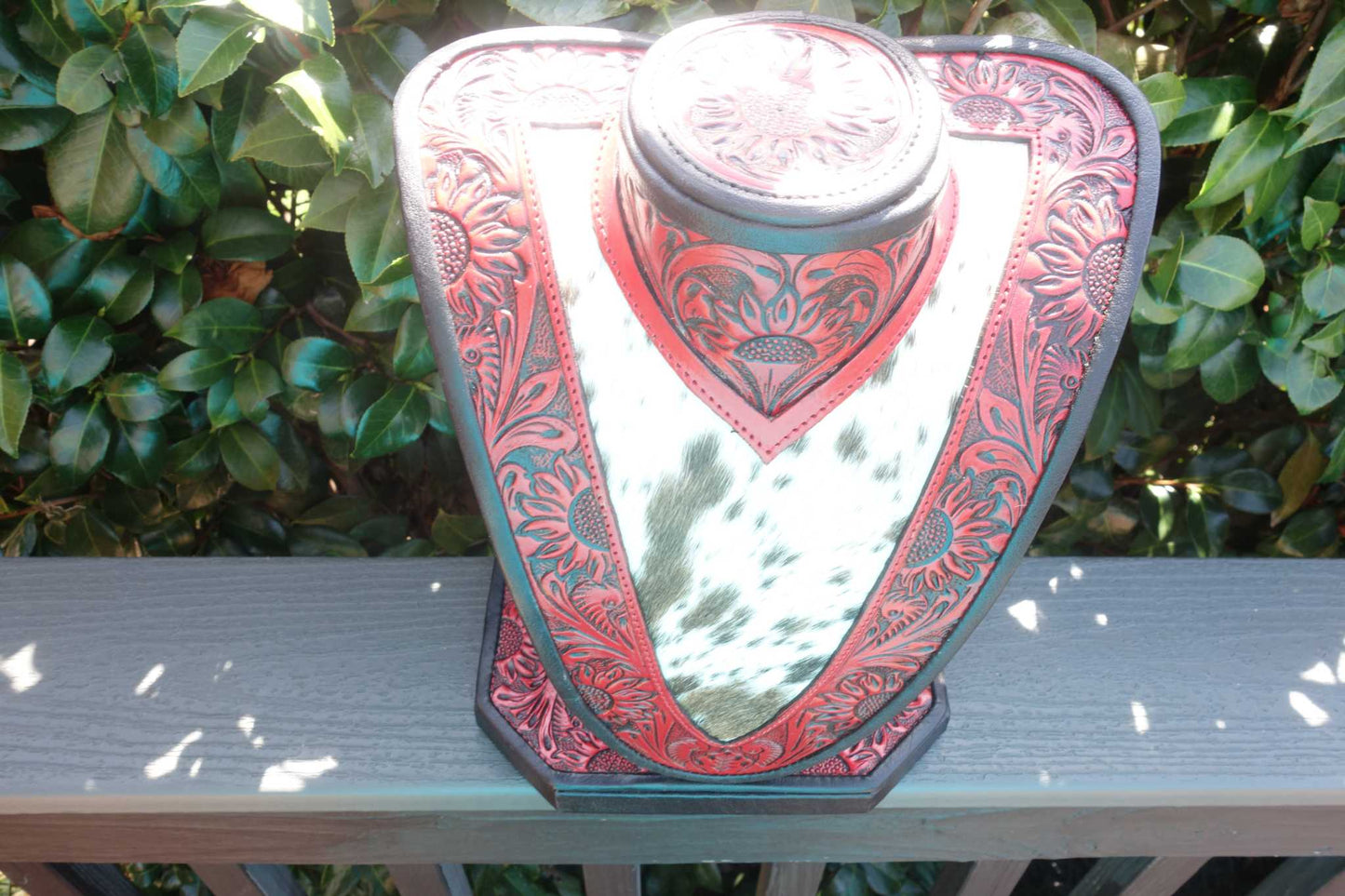 Med Necklace Display red tooled leather brown white cowhide jewelry holder