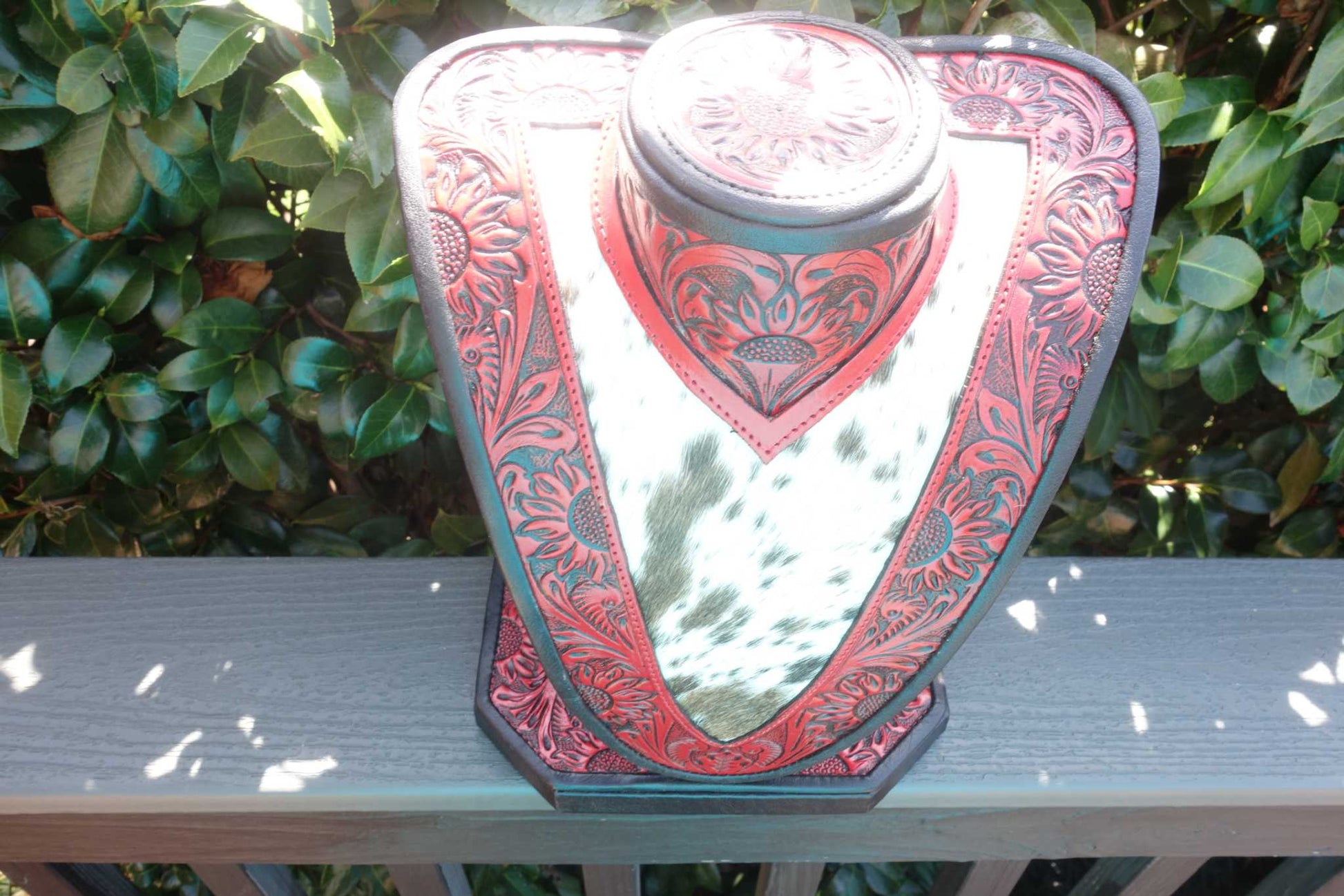 Med Necklace Display red tooled leather brown white cowhide jewelry holder