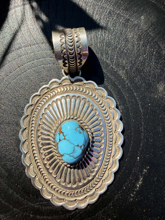 Native American Egyptian turquoise pendant with sterling silver and detailed stamp work