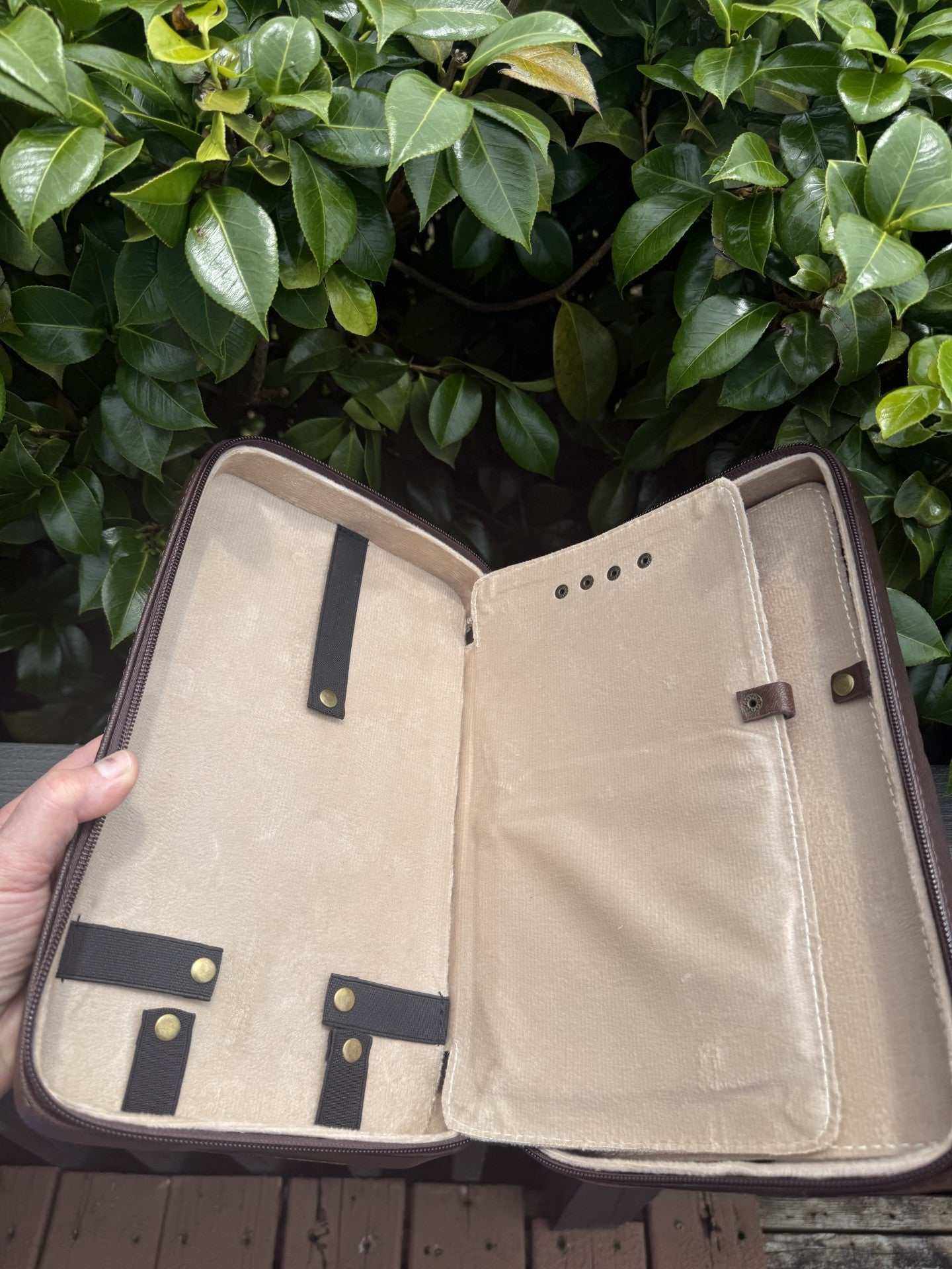 Tooled leather necklace case travel storage book with compartments