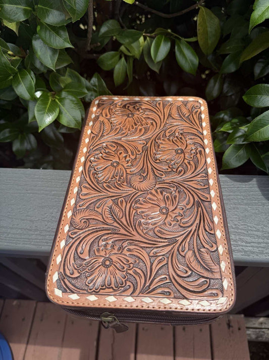 Tooled leather necklace travel storage case book with interior hooks