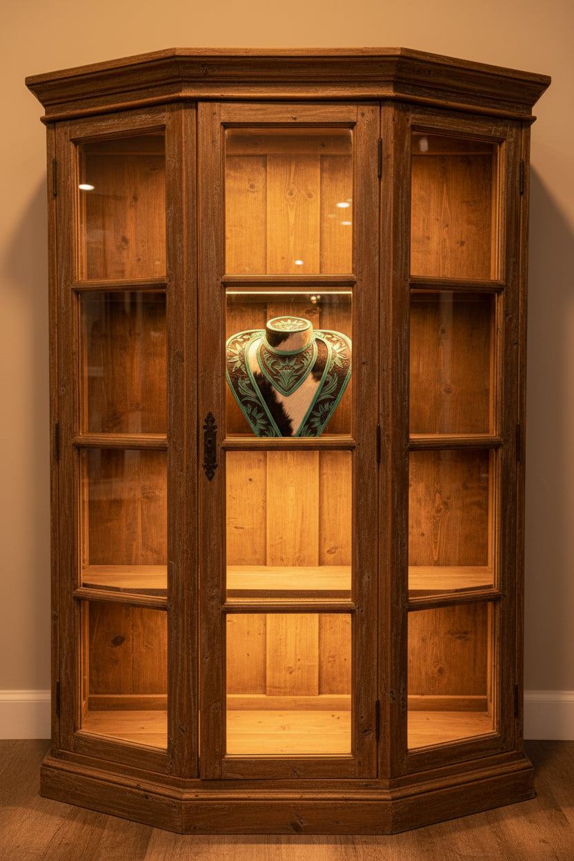 Green turquoise and black leather necklace display with hand tooled cowhide accents