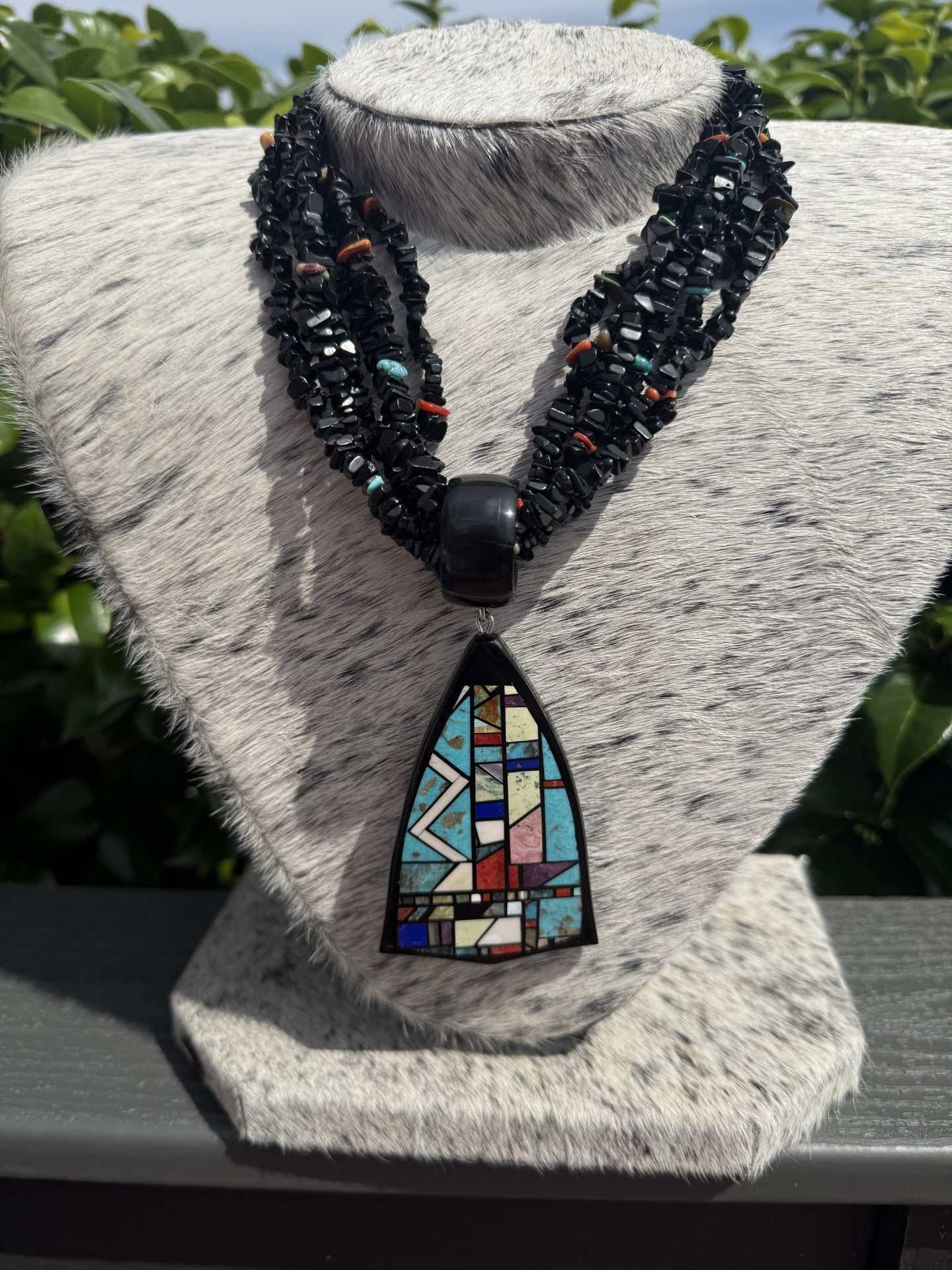 Six Strand Black Jet Necklace with Multistone Inlay Pendant by Chris Nieto