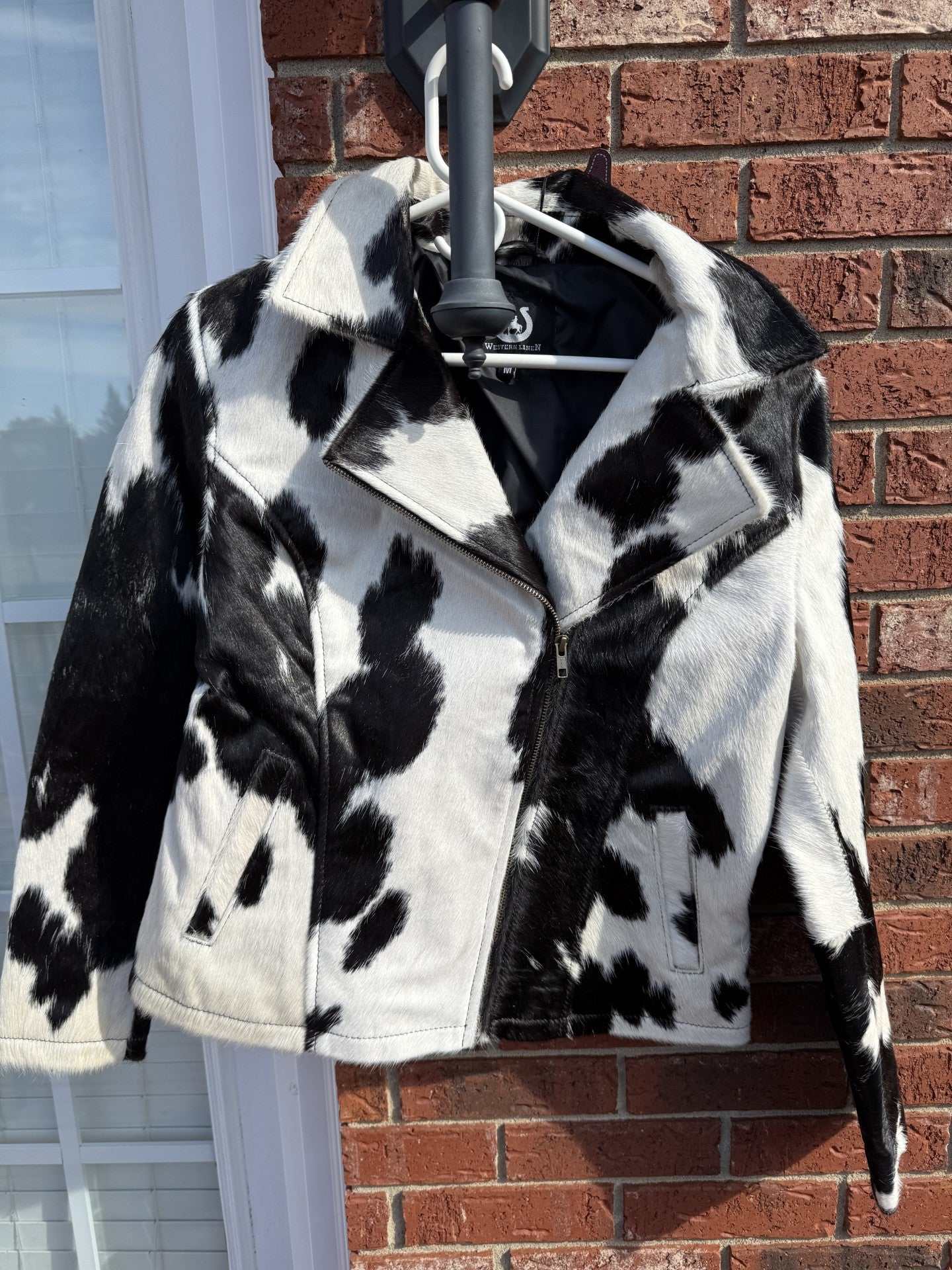 Black and white cowhide jacket for women medium size stylish real cowhide with unique pattern