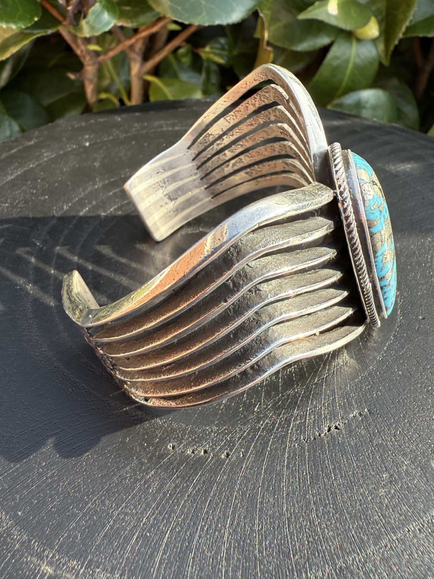 Elegant Persian Turquoise Bracelet-cuff with pyrite by Navajo artist Aaron Anderson