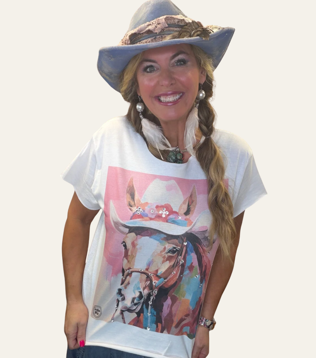 Painted wild horse t-shirt with crystals in indigo blue cotton