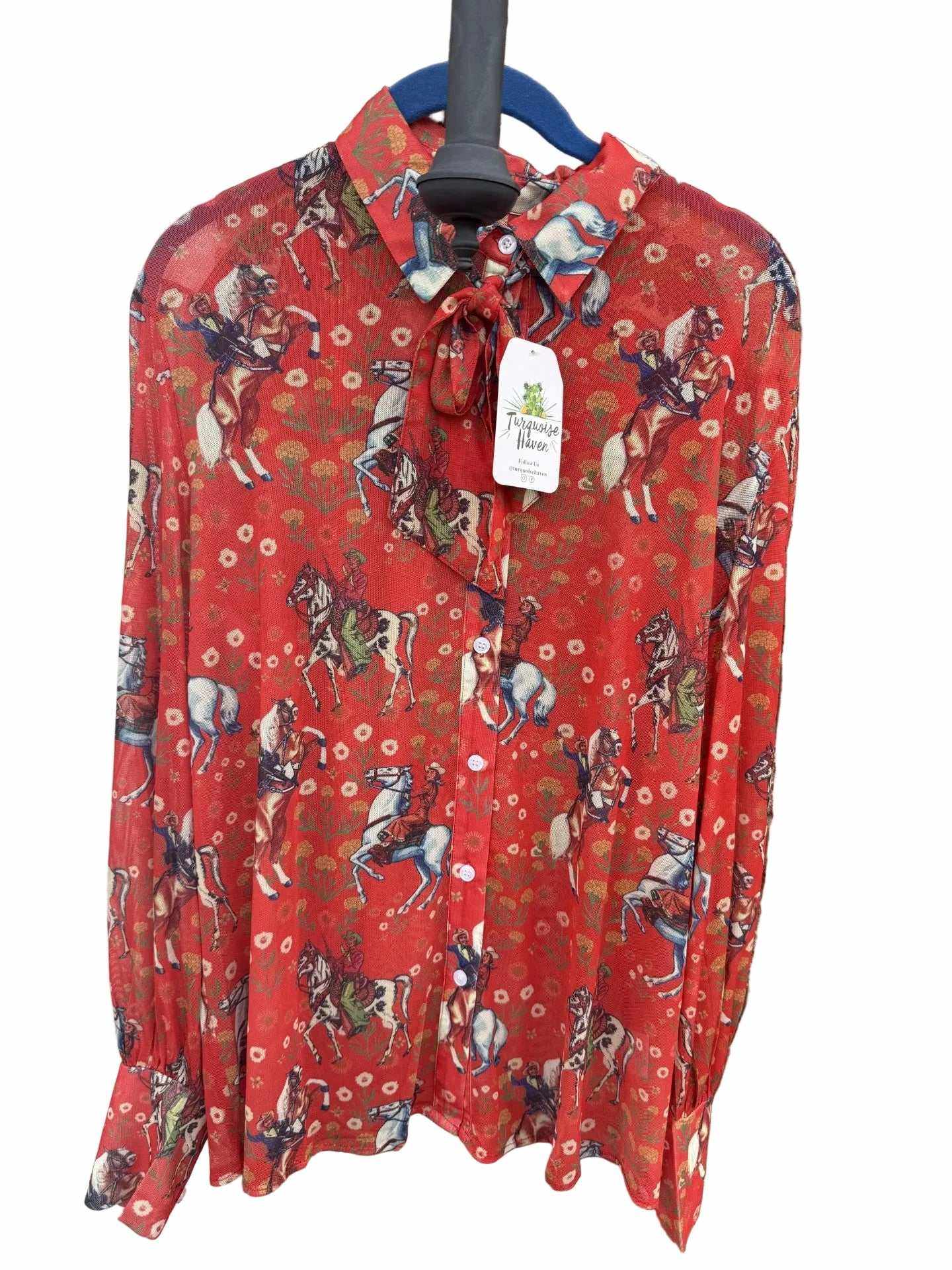 Red cowboy mesh blouse with custom Western print and balloon sleeves