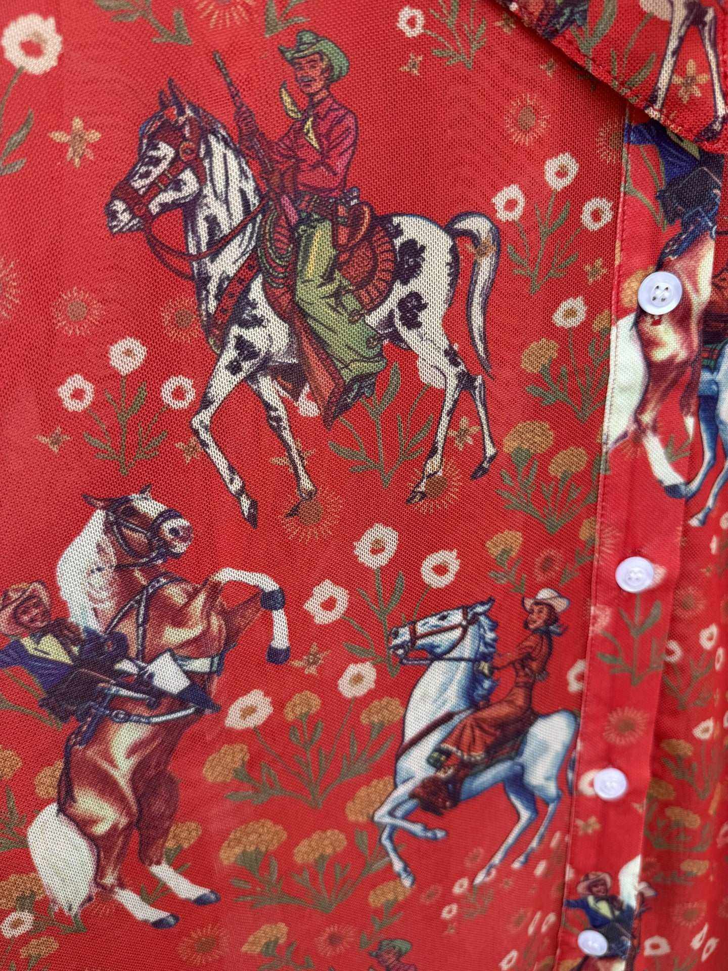 Red cowboy mesh blouse with Western print and balloon sleeves