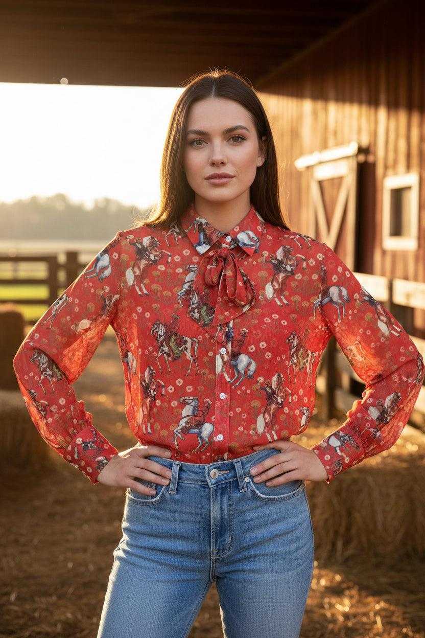Red cowboy mesh blouse with Western print and balloon sleeves
