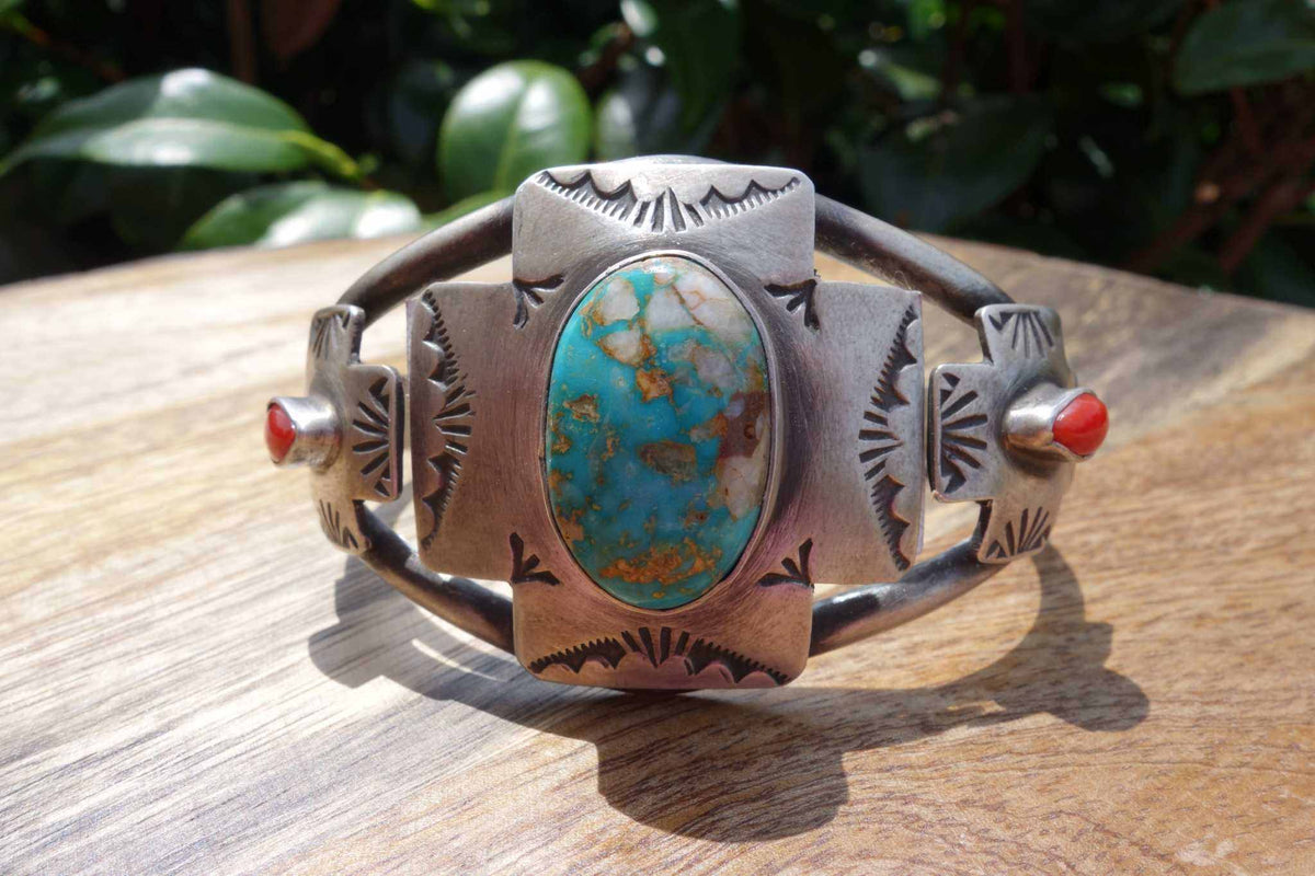 Royston and Coral cuff with turquoise and coral stones by Randall Endito