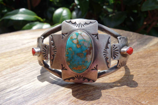 Royston and Coral cuff with turquoise and coral stones by Randall Endito