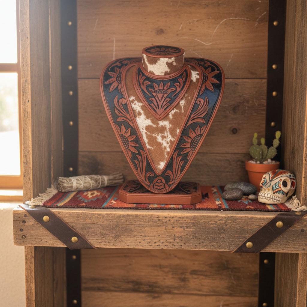 Necklace Display in Saddle Tan and Black Leather - Tooled and painted
