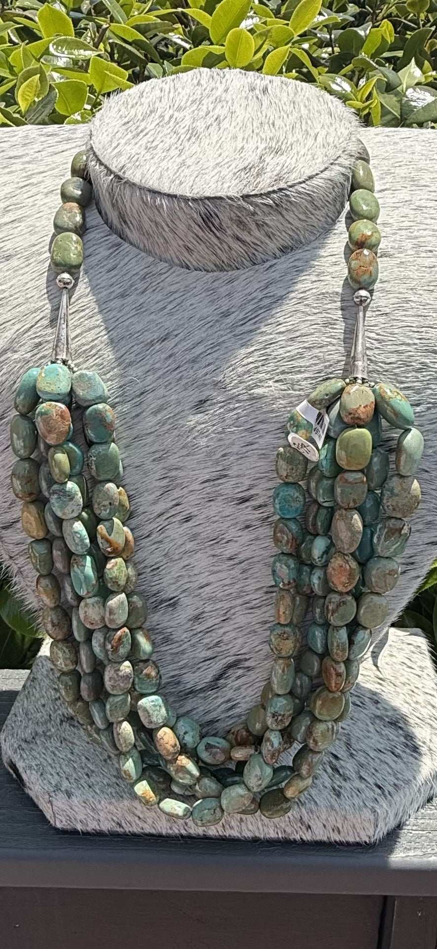 Six Strand Sky Horse Turquoise Necklace with green and blue turquoise, sterling silver fittings, 30 inches long, Native American jewelry by Fed Archuleta