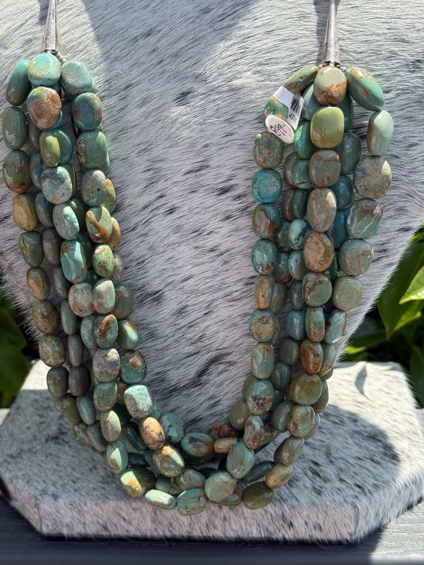Six Strand Sky Horse Turquoise Necklace with green and blue stones, 30-inch Native American jewelry by Fed Archuleta