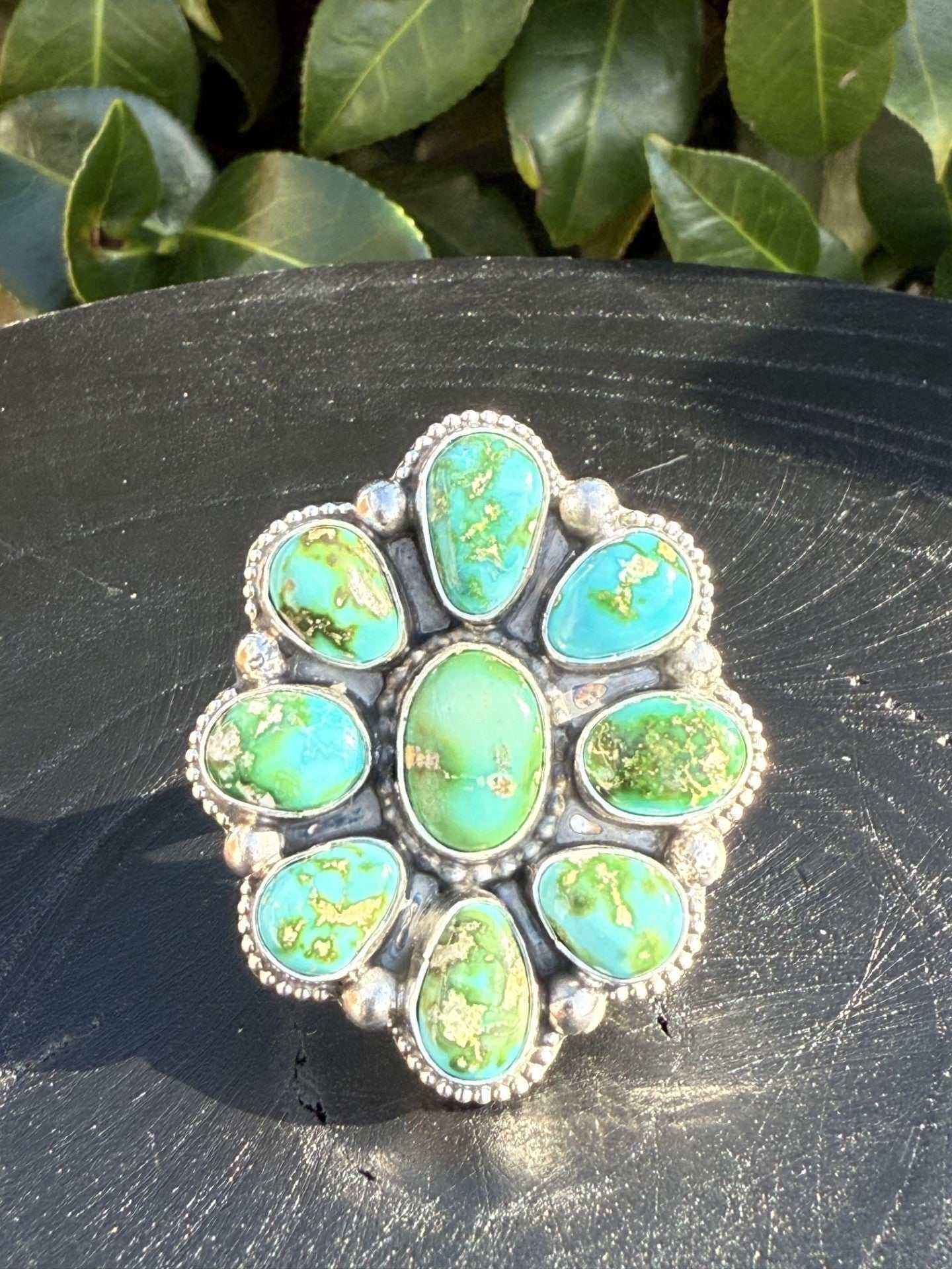 Sonoran Gold Cluster Ring with turquoise stones by Shelia Becenti, Navajo jewelry, size 10, 1 3/4 inches long and 1 1/2 inches wide.
