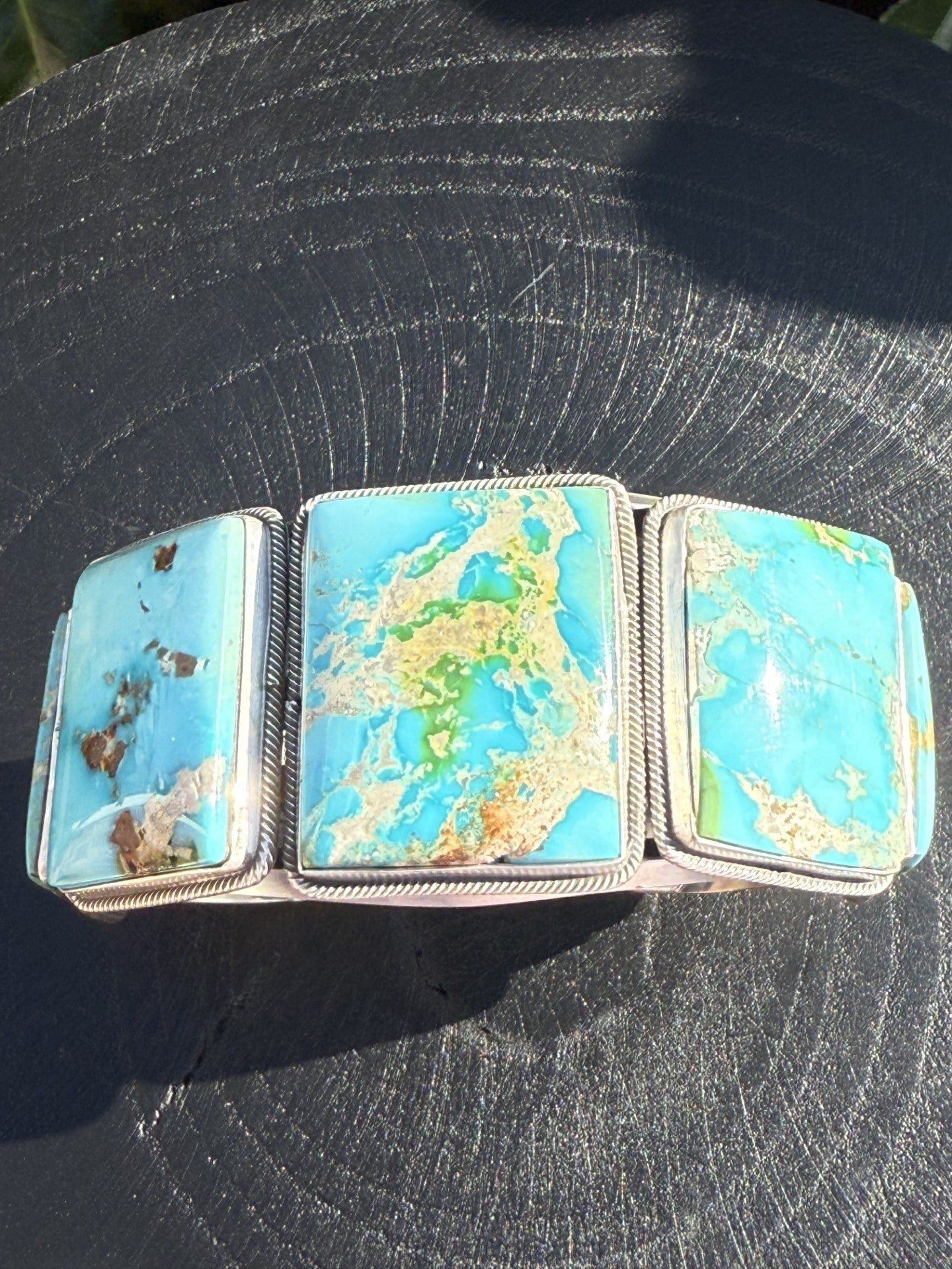 Stunning Sonoran Gold Turquoise cuff with sky-blue stones and silver setting by Freddie Maloney