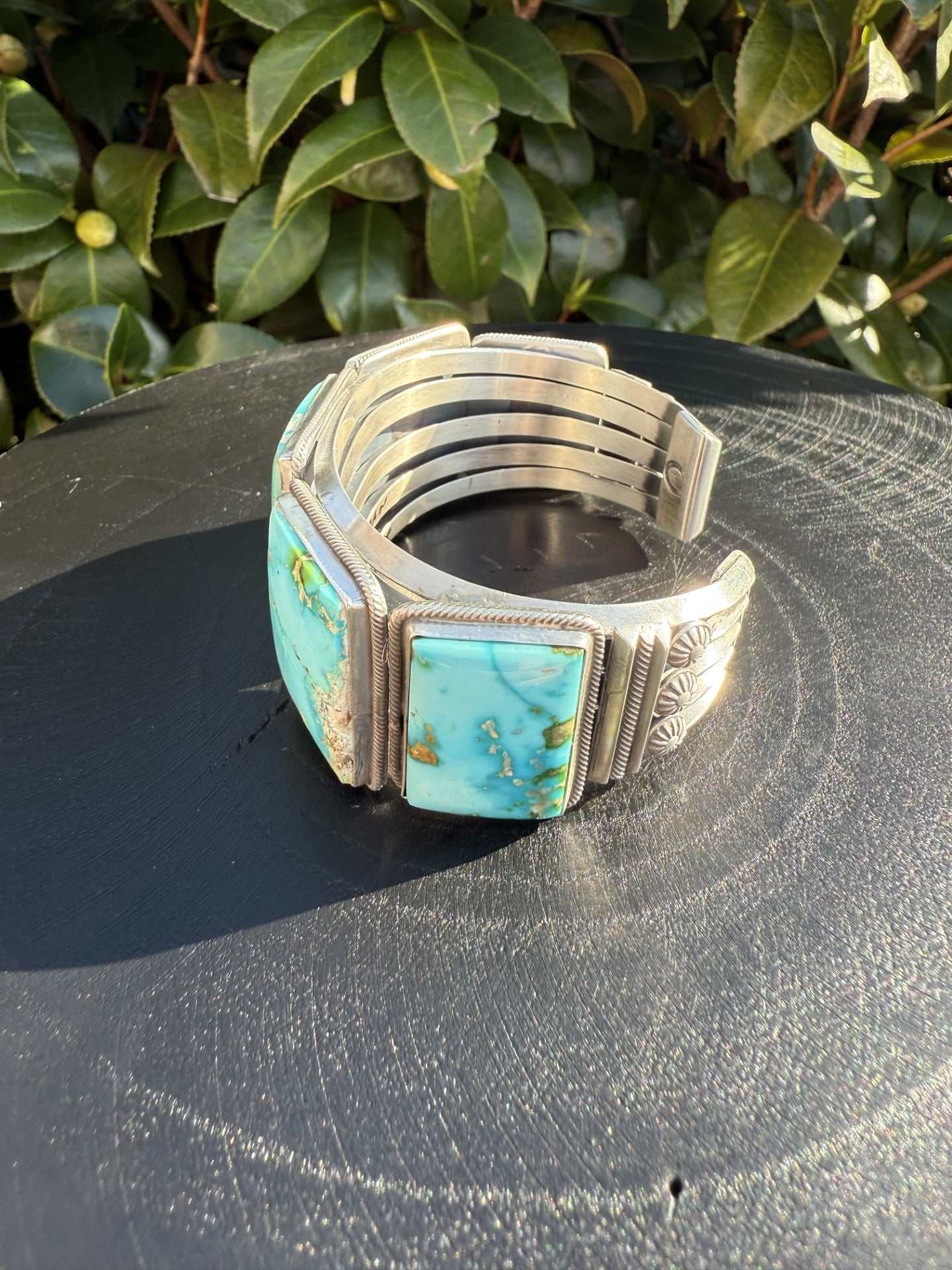 Stunning Sonoran Gold Turquoise cuff with sky-blue stones and silver band