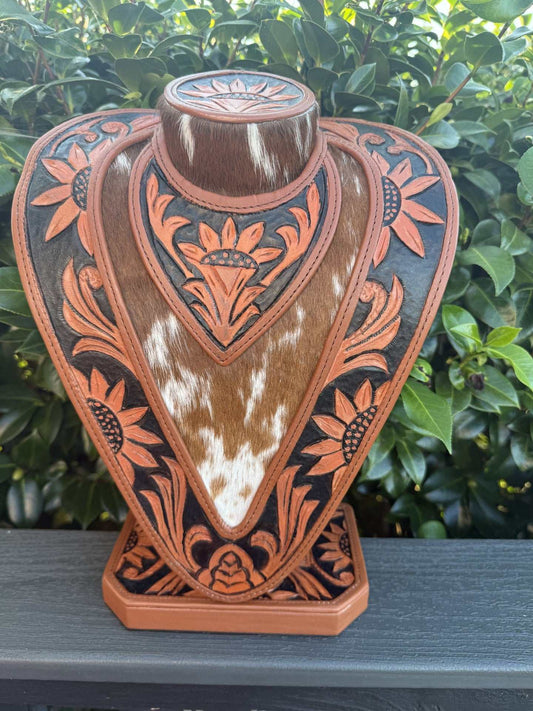 Necklace Display in Tan and Black Leather - Tooled and painted
