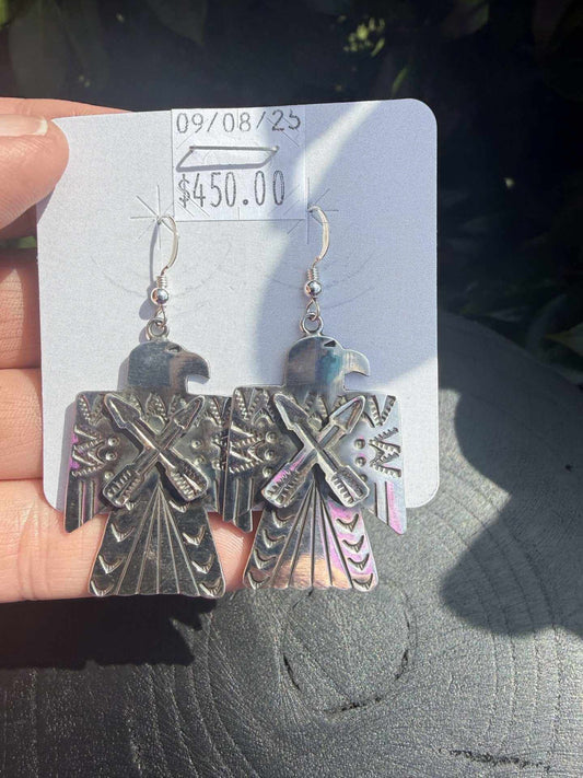 Thunder Bird Earrings silver-tone metal with engraved Native American thunderbird design and intricate detailing