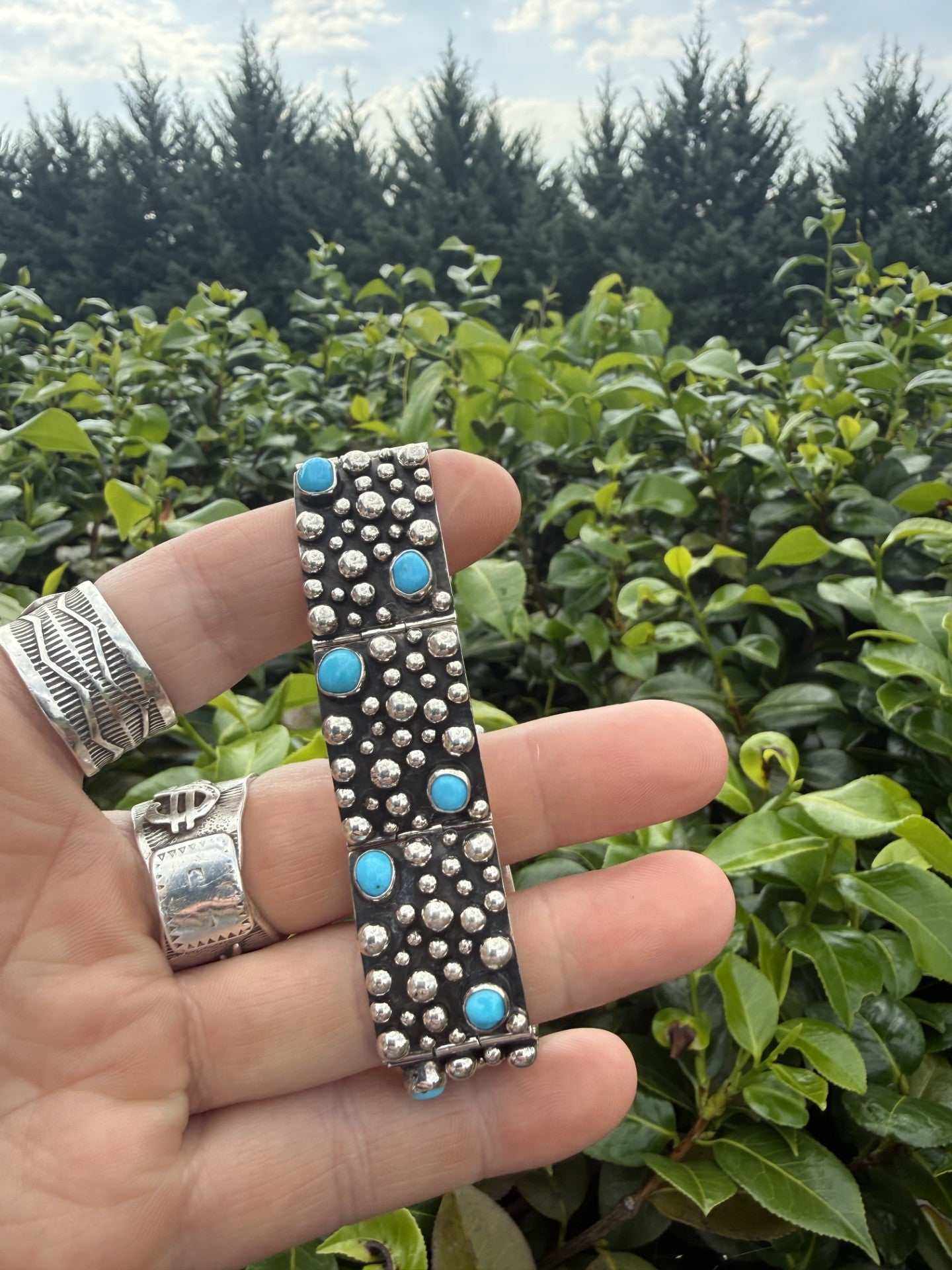 Large turquoise sterling silver TQ Drop Link Bracelet by Raymond Coriz