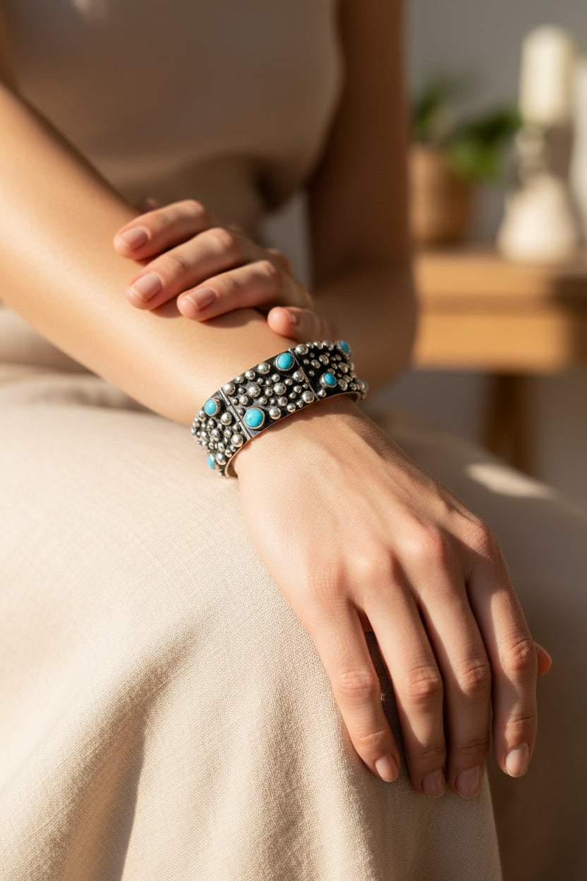 Turquoise sterling silver TQ Drop Link Bracelet by Raymond Coriz