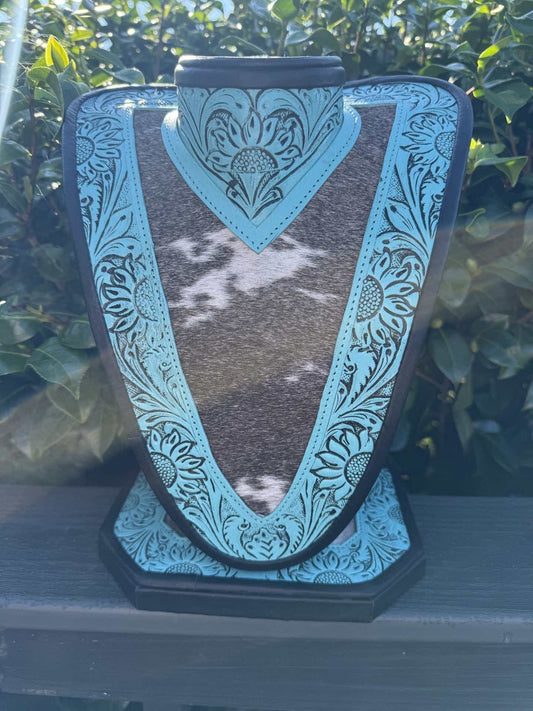 Medium Turquoise tooled Leather Necklace Display & Black and white cowhide