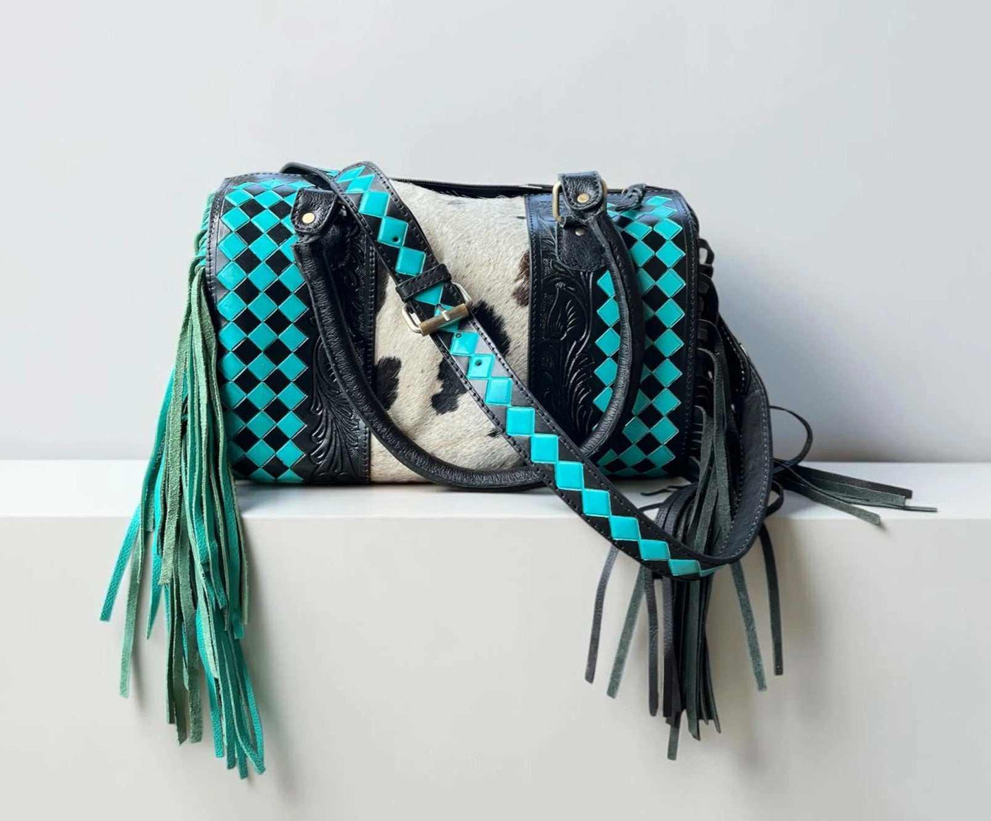 Turquoise and black checker handcrafted speedy bag with cowhide and leather