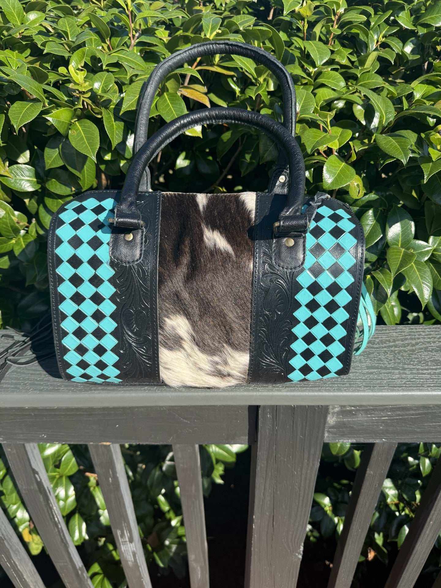 Handcrafted turquoise and black checker speedy bag with cowhide and tooled leather