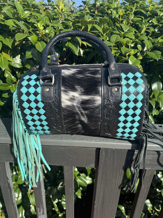 handcrafted turquoise black checker speedy bag with cowhide and tooled leather