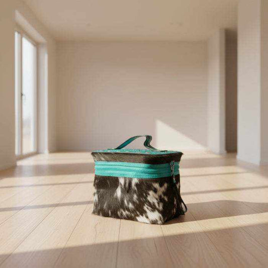 Turquoise tooled leather cowhide makeup box with western design