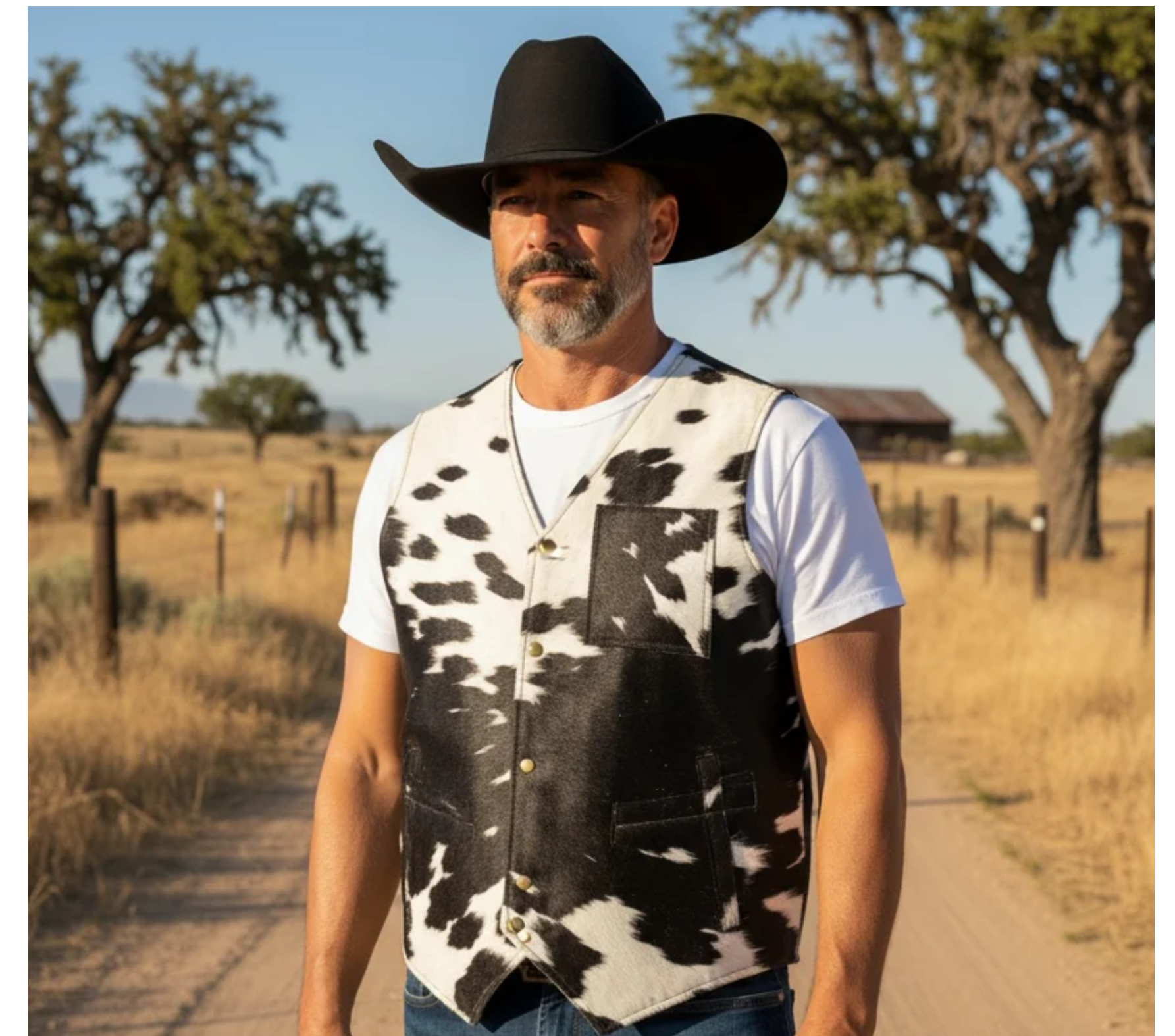 Man wearing black and white cowhide men’s vest 2XL with black cowboy hat outdoors in rural setting
