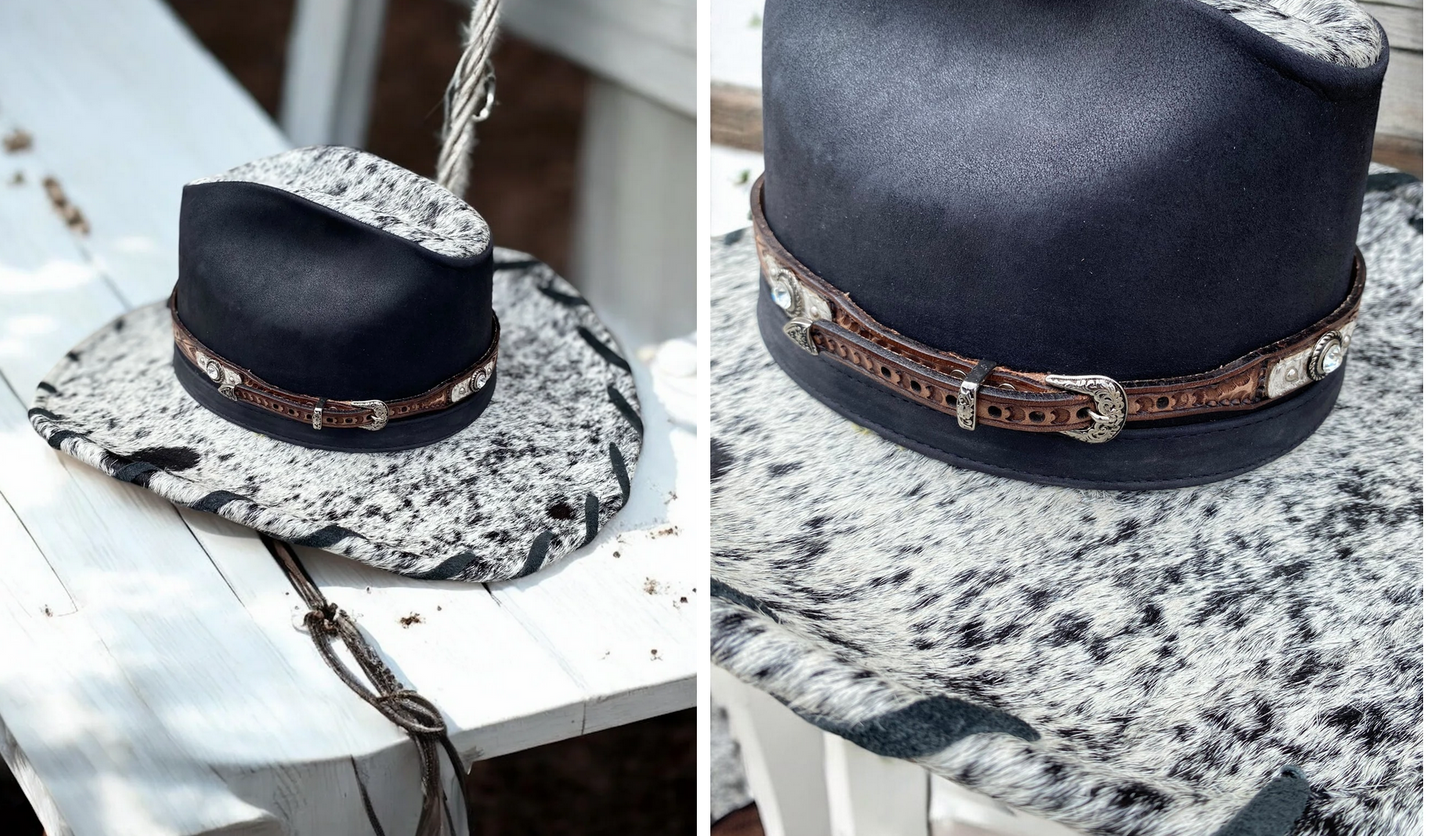 Genuine leather hat band on cowhide hat, showcasing western style and unique design.
