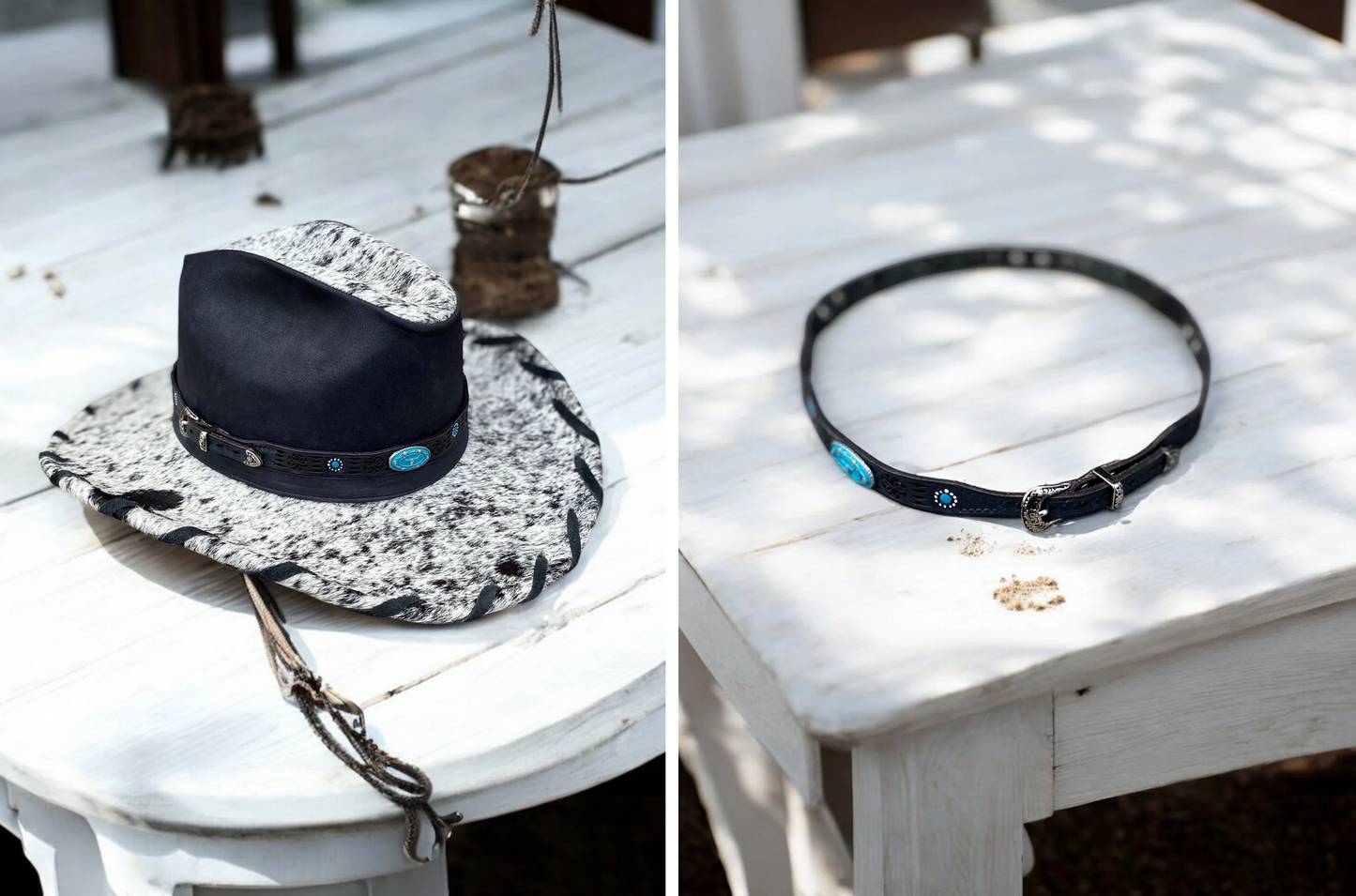 Genuine leather hat bands on black and white cowboy hat and displayed separately on a white table.
