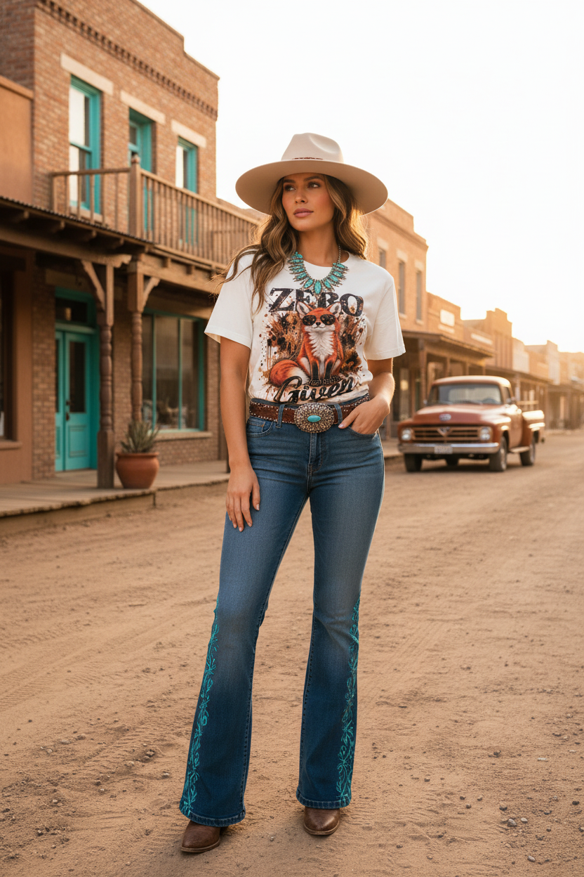 Zero Fox Given T-shirt in natural color with a graphic fox and crystals, paired with blue embroidered flare jeans and a beige hat